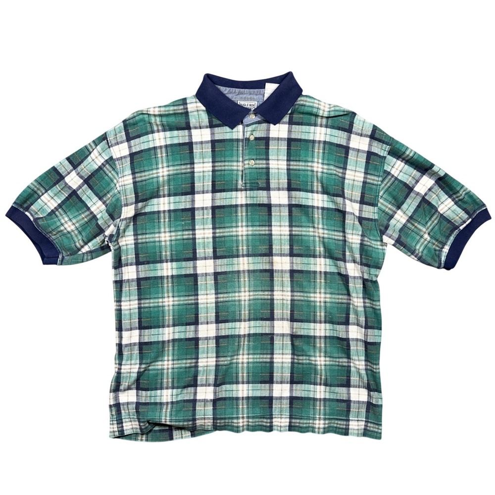 Vintage Bugle Boy Polo Shirt Mens‎ Large Green Plaid 90s Short Sleeve